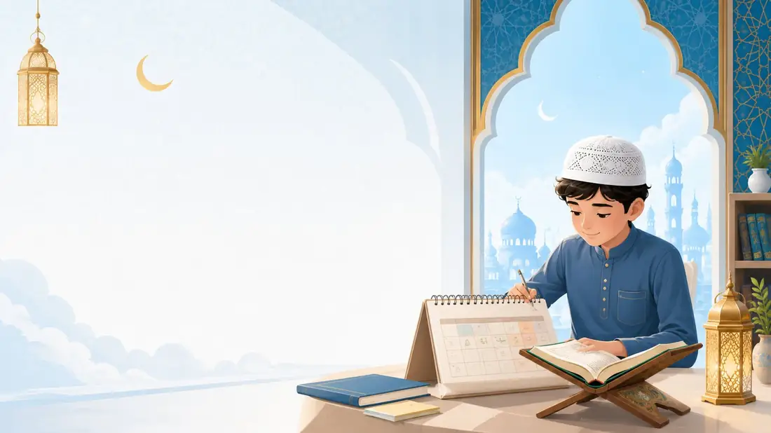 طالب يقرأ القرآن في ركن تعليمي هادئ